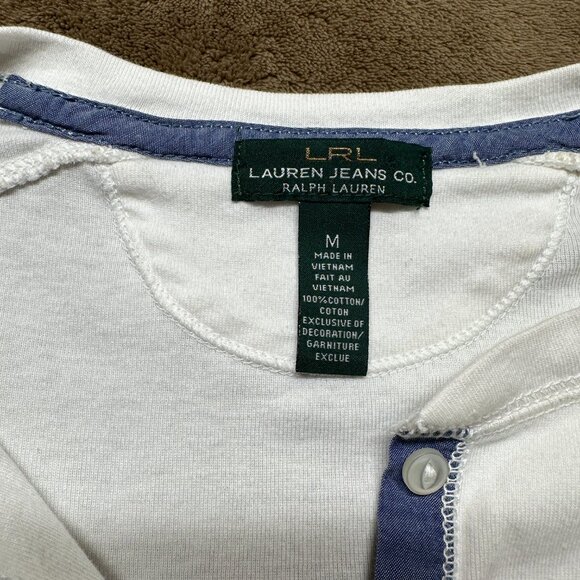 Ralph Lauren LRL White Henley Top w/ Chambray Trim 3/4 Sleeve Y2K Medium - Picture 3 of 7